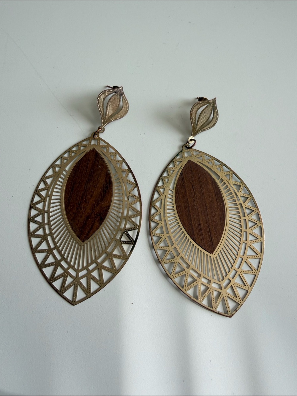 Gold-Tone Wood Inlay Marquise Drop Earrings